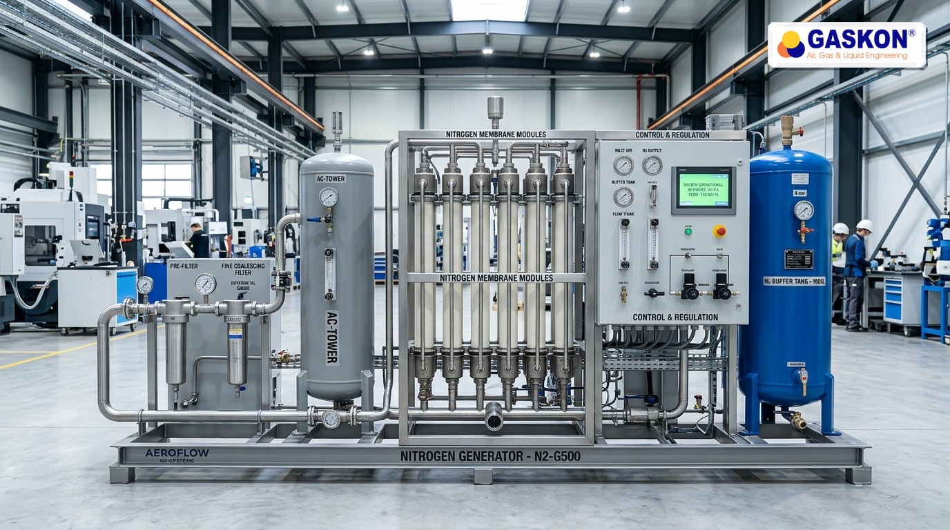 Complete industrial membrane nitrogen generation skid with air filtration, dryer, and storage buffer